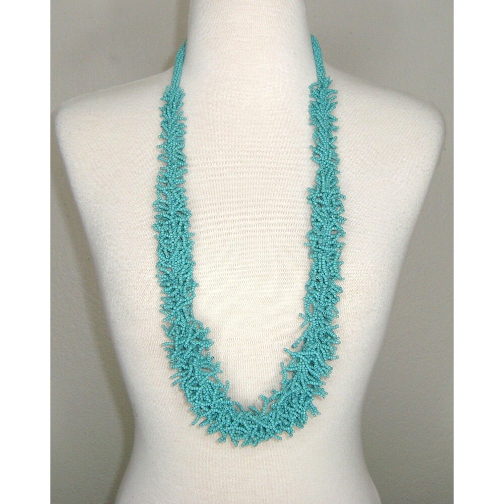 NEW Textured Turquoise Seed Bead Necklace with Coral-Like Fringe Adjustable 36"